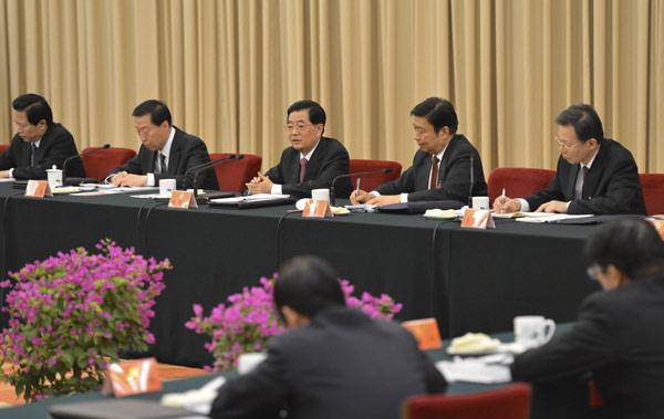 Hu Jintao joins a panel discussion of Jiangsu delegation to the 18th National Congress of the Communist Party of China (CPC) in Beijing, capital of China, Nov 9, 2012. Hu urges Party to implement CPC congress arrangement